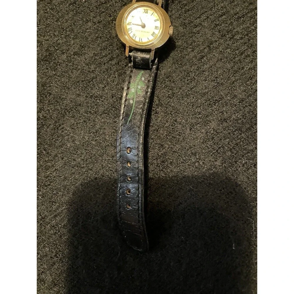 1974 TIMEX Mechanical Watch Gold Tone Roman Dial OOAK Hand Painted Leather Band